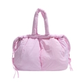 Pink quilted nylon tote bag with drawstring detail and fluffy casual design - Pink