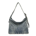 Retro-Hobo-Tasche aus hellblauem Denim mit weißen dekorativen Kontrastnähten für Damen - Denim-Blau