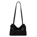 Retro schwarze Wildleder-Achseltasche mit goldenen Ösen und minimalistischer weicher Struktur - Schwarz