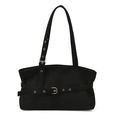 Chic black faux suede tote bag with decorative silver buckle belts and adjustable straps - Black