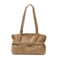 Vintage tan suede tote bag for women featuring decorative buckle belt and matte finish - Khaki