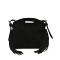 Detalle de bolso hobo de ante negro con flecos y correa ajustable al hombro - Negro