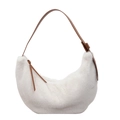 Sac à main blanc en fausse fourrure avec bandoulière contrastée en cuir marron foncé - Blanc Cassé