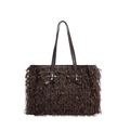 Deep coffee brown plush tote bag with feather-like fringe textures and knotted leather strap - Brown