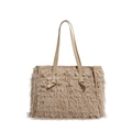 Beige oversized fringe tote bag with plush textured tassels and knotted leather handles - Khaki