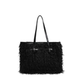 Furry black tote bag with feather fringe details and knotted leather top handles - Black
