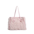 Sac fourre-tout rose en plumes et peluche avec nœuds élégants et longues anses - Rose