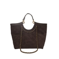 Quilted tote bag in deep brown suede with vintage gold chain strap and large capacity - Brown