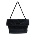 Minimalist black tote bag with unique pleated design and thick woven shoulder strap - Black