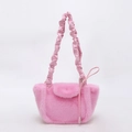 Pink plush dumpling bag with ruffled handle in premium faux fur and vegan leather - Pink