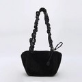 Fashionable black faux fur shoulder bag with pleated leather strap and zipper detail - Black