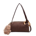 Brown suede cylinder shoulder bag with a bold gold ring buckle and plush bear charm - With Pendant / Coffee
