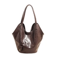 Vintage dark brown wax leather tote bag with glossy finish and gold buckle charm - Brown