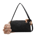 Black suede cylinder shoulder bag with rose gold chain and plush dog charm detail - With Pendant / Black