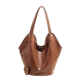 Deep brown oil wax leather tote bag with bucket shape and metallic rivet detail - Brown