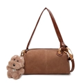 Brown suede cylindrical shoulder bag with smooth leather strap and plush dog pendant - With Pendant / Brown