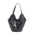Retro black leather tote bag with large capacity and dual shoulder straps on white background - Black