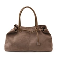 Large brown suede tote bag for women with polished leather straps on white background - Large / Khaki