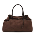 Dark brown suede tote bag with leather handles and decorative gold buckle detail - Large / Brown