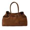 Minimalist dark brown suede tote bag featuring slim leather straps and gold buckle detail - Large / Brown