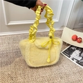 Light yellow plush tote bag with ruffled handle and soft faux fur texture - Yellow
