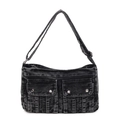 Vintage dunkelgraue Umhängetasche aus gewaschenem Denim mit Taschen und Nieten - Schwarz
