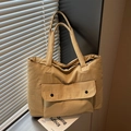 Beige canvas tote bag with padded texture and large double-button front pocket - Khaki