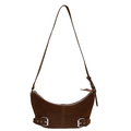 Bolso medialuna de ante marrón oscuro con hebillas plateadas y cremallera metálica elegante - Marrón