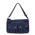 Vintage dunkelblaue Denim Umhängetasche mit zwei Pattentaschen und Silberbeschlägen - Dunkelblau