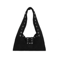 Black faux suede shoulder bag with silver metal eyelets and minimalist vintage style - Black