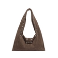 Vintage dark brown oil wax leather shoulder bag with decorative silver metal eyelets - Brown