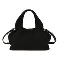 Vintage black suede handbag with dual top handles and gold hardware in frontal view - Black