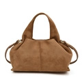 Chic brown faux suede handbag featuring vintage pleated texture and gold hardware - Khaki