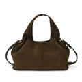 Dark brown suede dumpling bag with gold hardware and adjustable shoulder strap - Green