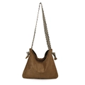 Brown faux suede hobo bag with a stylish black and white woven shoulder strap - Khaki