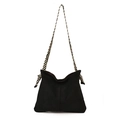 Minimalist black faux suede tote bag with thick black and white woven rope shoulder strap - Black