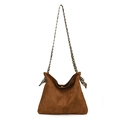 Brown faux suede tote bucket bag with a distinctive black and white woven shoulder strap - Brown