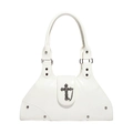 Borsa a spalla a trapezio in pelle lucida bianca con croce d'argento vintage e catena - Bianco