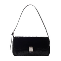 Minimalist black faux fur shoulder bag with slender strap and silver square metal clasp - Black