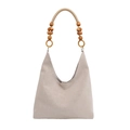 Minimalistische beige Hobo-Tasche mit dekorativem Perlengriff und weicher Halbmondform - Gebrochenes Weiß