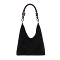 Schwarze Retro Wildleder Hobo-Tasche mit großer Kapazität und braunem Holzperlengriff - Schwarz
