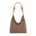 Braune Vintage Hobo-Schultertasche mit Griffen aus Holzperlen und geflochtenem Seil - Khaki