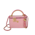 Piccola borsa box rosa in denim con emblema floreale dorato e tracolla a catena - Rosa