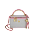 Vanity bag rosa e grigia con logo camelia dorato e tracolla a catena intrecciata - Grigio Beige