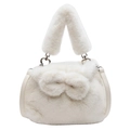 Cute white plush handbag with bow decoration and heart-shaped metal rings - White