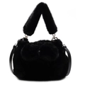 Fashionable black faux fur bucket bag with plush handle and slim shoulder strap - Black