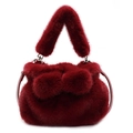 Deep red plush faux fur handbag with detachable shoulder strap and fluffy charms - Red