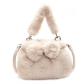 Plush faux fur bucket bag in beige with cute bow and heart-shaped metal buckle - Light Khaki