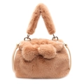 Furry bucket bag with plush bow and heart-shaped metal buckle for winter fashion - Dark Khaki