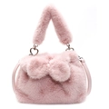 Pink faux fur bucket bag with heart metal hardware and plush ball charms for women - Pink